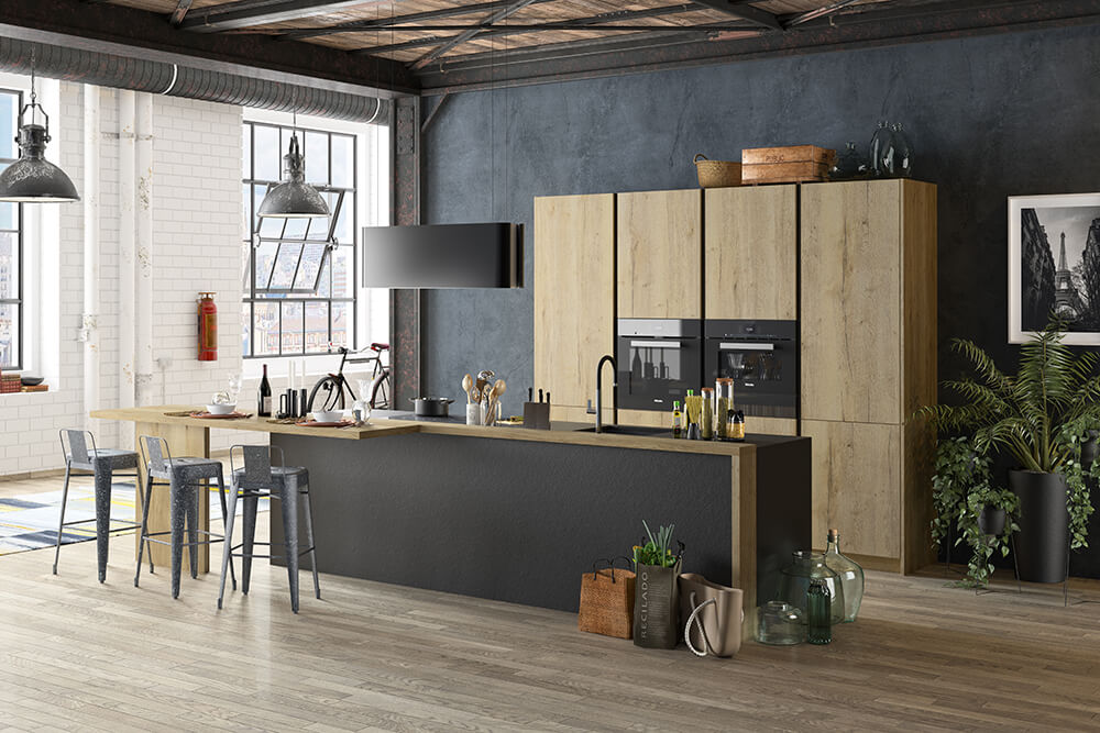 Photo d'une cuisine au style industriel dans un loft, couleurs noir et bois avec ilôt central