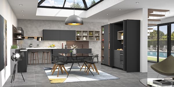 Photo d'une cuisine noire et bois, tons gris, ambiance néo industrielle et chaleureuse